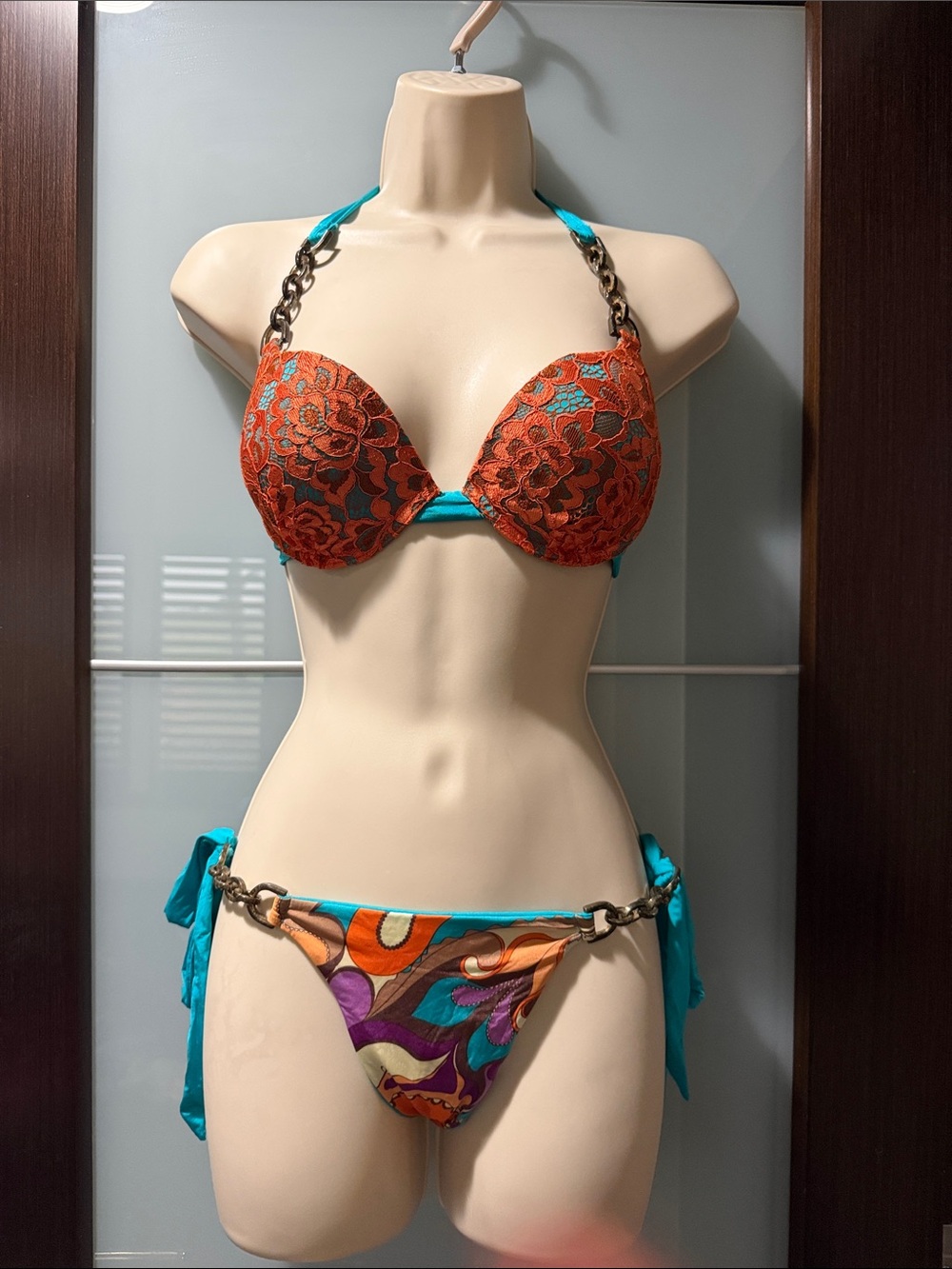 Beach Bunny Orange Lace & Teal Chain-Accent Bikini